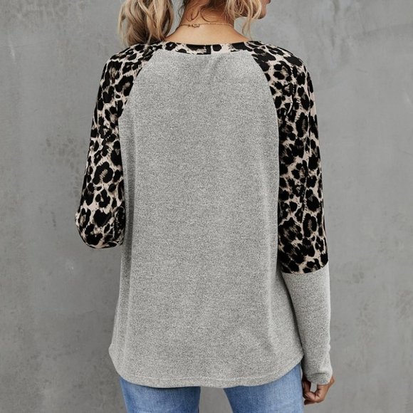 leopard print raglan sleeve top light gray tone - Picture 3 of 4
